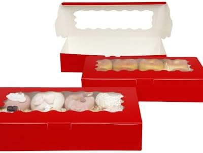 qiqee 50 Packs Red Cookie Box with Window 12x5.5x2.5 Inch Two Uses Pastry Biscuit Bakery Box For Packaging - Image 6
