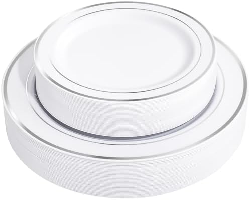 FLOWERCAT 60PCS Silver Plastic Plates - Heavy Duty White and Silver Plastic Plates Disposable - Include 30PCS 10.25inch Dinner Plates and 30PCS 7.5inch Dessert Plates for Fall Wedding&Birthday Party by FLOWERCAT