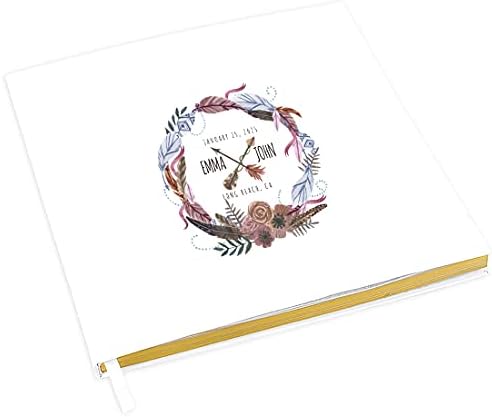 Andaz Press Personalized Wedding Guestbook with Gold Accents, Boho Feather Wreath White Guest Sign in Guest Registry 120 Pages 8.5 X 8.5 Memories Book for DIY, Scrapbook, Photo Album by AndazPress