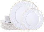 U-QE 60 Pcs White Plastic Plates with Gold Rim – Fancy Scalloped Plates by U-QE