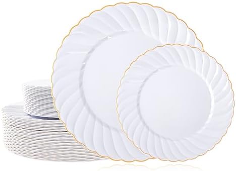 U-QE 60 Pcs White Plastic Plates with Gold Rim – Fancy Scalloped Plates by U-QE
