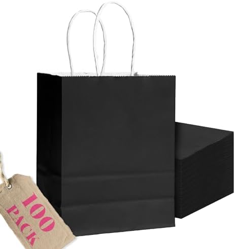 qiqee 100Pcs Gift Bag with Handles Bulk Black Paper Bags Multiple Uses (8.3"x6"x3.15", Small Size) by Qiqee