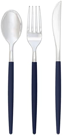 Luxe Party 128 Pieces Two Tone Plastic Disposable Cutlery | Forks-Spoons-Knives | Full Size | Chic Round | Navy and Silver by LuxeParty