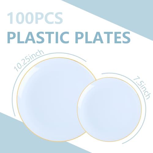 PULOTE 100PCS Blue Plastic Plates - Disposable Light Blue Include 50 Dinner & 50 Dessert/Salad Plates for Party, Wedding & Birthday - Image 2