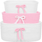 3Pcs Pink Bow Baskets , Coquette Woven Cotton Rope Storage Baskets with Handles, Cute Ribbon Decorative Laundry Hamper Bins for Nursery, Shelf, Makeup, Diaper, Baby Shower Nesting Organizer by Unknown