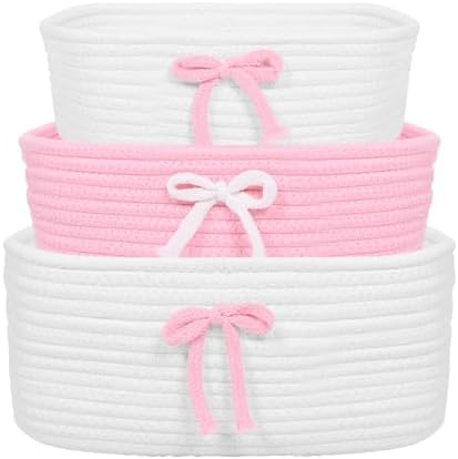 3Pcs Pink Bow Baskets , Coquette Woven Cotton Rope Storage Baskets with Handles, Cute Ribbon Decorative Laundry Hamper Bins for Nursery, Shelf, Makeup, Diaper, Baby Shower Nesting Organizer by Unknown
