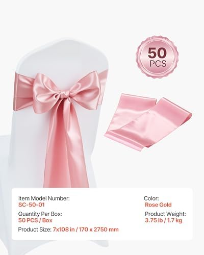 VEVOR Satin Chair Sashes Bows, Chair Ribbon Ties Back Sash, 7 x 108 inch, Wedding Reception Decoration, for Wedding Ceremony Baby Shower Party Events Banquet Cover Decoration (Rose Gold, 50pcs) - Image 7