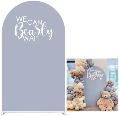 We Can Bearly Wait Theme Arch Backdrop Covers for Baby Shower Decorations Gray-Blue Arched Background Stand Fabric Cover Birthday Parties Supplies (4x7.2FT) by KONPON