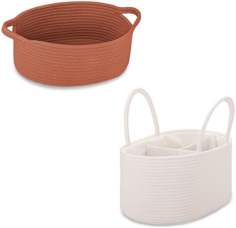 COMSE Small Woven Basket with Gift Bag and Ribbons, Gift Basket Empty, and Large Diaper Caddy Organizer for Girl Boy, Car Diaper Caddy with Handles by COMSE