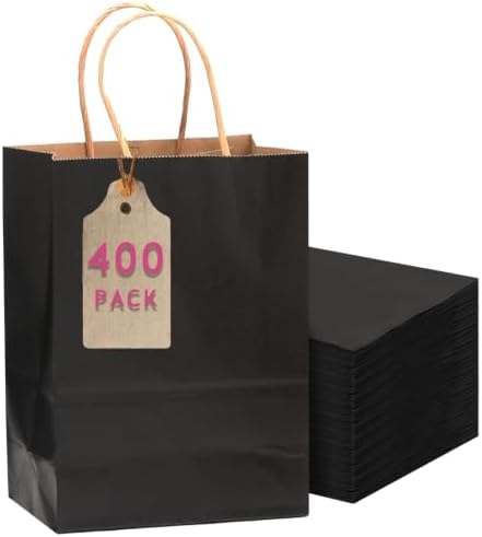 qiqee 400-Packs Black Paper Gift Bags with Handles Bulk 10.6"x8.3"x4.3" Medium Size Paper Bags Multiple Uses by Qiqee