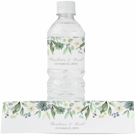 Personalized Water Bottle Labels with Choice of 30 Flower Styles - Choose Font and Pre-Made Phrases or Design Custom Text - LABELS ONLY (005 Succulent, 2 inch (8.5x2")) by ThePaperedWedding