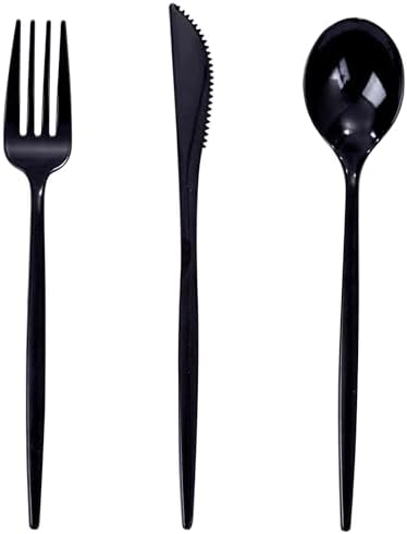 PULOTE 150PCS Black Plastic Silverware Set Disposable - Heavy Duty Black Plastic Cutlery - Black Plastic Utensils Set Include 50 Forks,50 Spoons,50 Knives for Party&Graduation by PULOTEpartywareWesupplyproductsandyouenjoylife