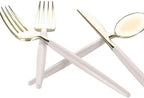 Luxe Party 128 Pieces Two Tone Plastic Disposable Cutlery | Forks-Spoons-Knives | Full Size | Chic Round | Linen and Gold - Image 4