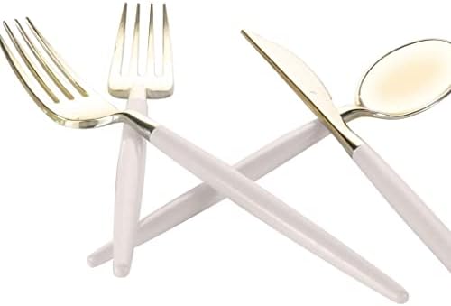 Luxe Party 128 Pieces Two Tone Plastic Disposable Cutlery | Forks-Spoons-Knives | Full Size | Chic Round | Linen and Gold - Image 4