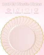 YOUBET 100PCS Pink and Gold Scalloped Plastic Plates for Wedding Party - Image 3
