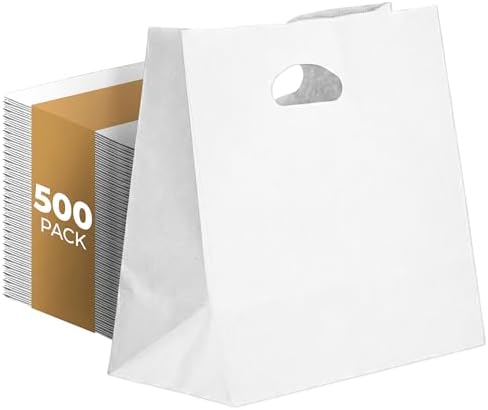 White Kraft Paper Bags with Die Cut Handles, 11" x 6" x 11", 500 Pack by PTPBAGS