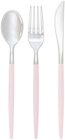 Luxe Party 128 Pieces Two Tone Plastic Disposable Cutlery | Forks-Spoons-Knives | Full Size | Chic Round | Blush and Silver by LuxeParty