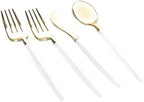 Luxe Party 128 Pieces Two Tone Plastic Disposable Cutlery | Forks-Spoons-Knives | Full Size | Chic Round | White and Gold - Image 2
