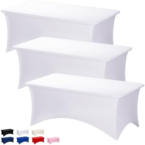 Fixwal 3 Pack 8FT White Tablecloth Rectangle Spandex Fitted Table Cover by Fixwal