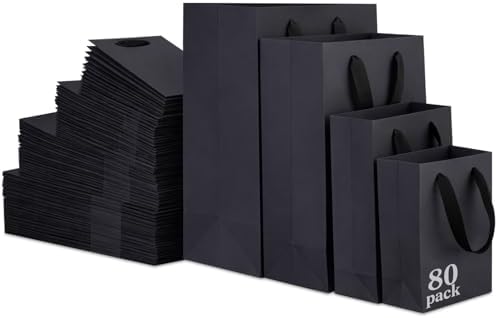 PerKoop 80 Pack Kraft Gift Bags with Handles 4 Sizes,Vertical,Black by PerKoop