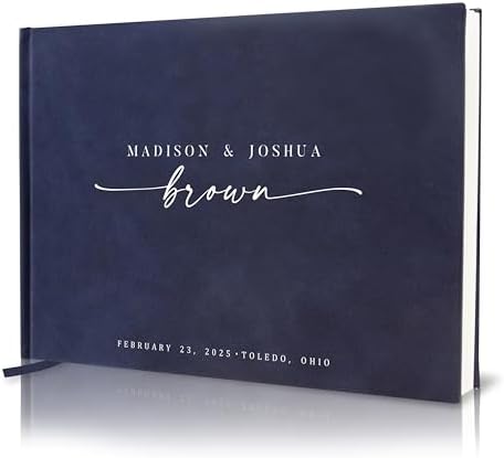 Personalized Guest Book - 11.5" x 8.5" Custom Bride & Groom Names with Bookmark and Hard Cover 140 GSM Blank Pages, for Weddings Guest Book, Engagements, Birthdays, Special Events, Navy by ModernAlbumDesigns