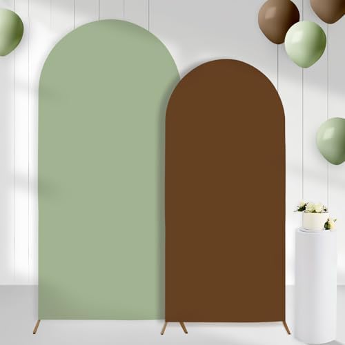 Set of 2 Arch Backdrop Covers Brown Sage Green(7.2Ft, 6Ft), 2-Sided Spandex Fitted Round Top Chiara Arch Backdrop Stand Covers for Baby Shower Wedding Birthday Party Supplies (Only Cover) by CORNERLACE