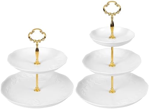 2PCS Cupcake Stand, 3 & 2 Tier Dessert Stands, Round Embossed Dessert Table Display Set White Porcelain Tiered Tray Cake Stand For Weddings,Birthday, Baby Shower And Home Decorating Serving Tray by Garfunovo