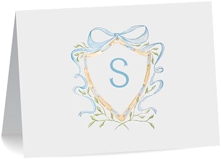 Fairmont & Grove Baby Shower Thank You Cards and Envelopes With Watercolor Crest and Monogram (Blue) by FairmontGrovePaperCo