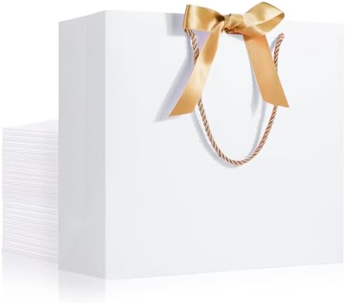 EUSOAR Thank You Gift Bags with Ribbons, 25pcs 12.5"x4.5"x11" White Party Favor Bags with Handle, Gift Wrap Treat Bags Bulk for Wedding Baby Shower Birthday Bridesmaid Anniversary Holiday Party by EUSOAR