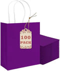 qiqee 100Pcs Paper Gift Bag with Handles Lotus Purple Party Favor Bags Multiple Uses (8.3"x3"x6", Small Size) by Qiqee