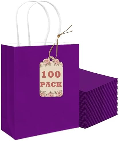qiqee 100Pcs Paper Gift Bag with Handles Lotus Purple Party Favor Bags Multiple Uses (8.3"x3"x6", Small Size) by Qiqee
