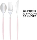 Luxe Party 128 Pieces Two Tone Plastic Disposable Cutlery | Forks-Spoons-Knives | Full Size | Chic Round | Blush and Silver - Image 3