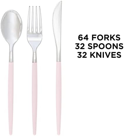 Luxe Party 128 Pieces Two Tone Plastic Disposable Cutlery | Forks-Spoons-Knives | Full Size | Chic Round | Blush and Silver - Image 3