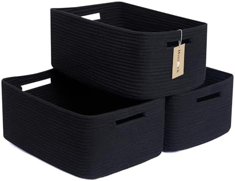 MiniArk Large Storage Baskets for Shelves, 17 x 13 x 7.5” Closet Organizers Bins for Clothes Blanket Towels, Baby Nursery, Toy Baskets Box, Woven Rope Baskets, 3 Packs Black by MiniArkStorageBasketsHome