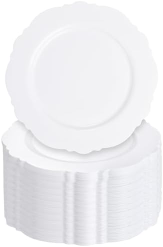 WDF 60pcs White Plastic Plates -10.25inch Baroque White Disposable Dinner Plates for Upscale Parties/Wedding by WDF