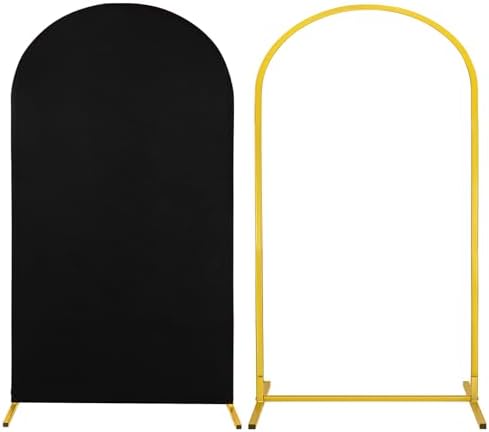 Metal Arch Stand and Cover Set,1 Black Spandex Fitted Backdrop with 1 Gold Wedding Arched Stand Frame for Parties Birthday Baby Shower Bridal Banquet Decoration (7.2FT) by HAISIWLKJ