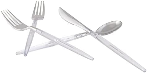 Luxe Party 128 Pieces Two Tone Plastic Disposable Cutlery | Forks-Spoons-Knives | Full Size | Chic Round | Clear and Silver - Image 3