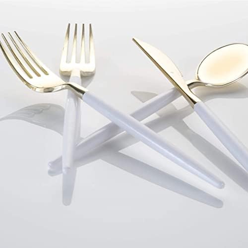 Luxe Party 128 Pieces Two Tone Plastic Disposable Cutlery | Forks-Spoons-Knives | Full Size | Chic Round | White and Gold - Image 4