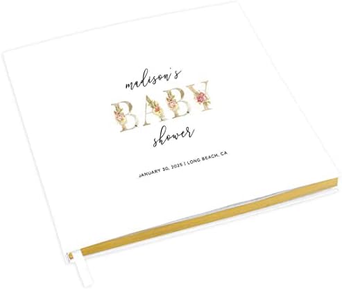Andaz Press Personalized Baby Shower Guestbook with Gold Accents, Floral Letters Custom Name, Date, White Guest Sign in Registry 120 Pages 8.5 X 8.5 Memories Book for DIY, Scrapbook, Photo Album by AndazPress
