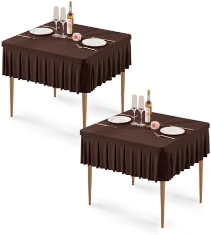 2 Pack Chocolate Spandex Tablecloths for 34x34 Inch Square Tables, Stretch Fitted Table Clothes with Pleated Ruffle Skirt for 34” Table, Wrinkle Free and Elastic, for Party Kitchen Home Dining by WishCare