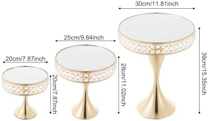 3pcs Round Mirror Cake Stands, Metal Cupcake Display Stand with Crystals, Dessert Pedestal Cupcakes Dessert Cheese Display Plates for Wedding Birthday Party for Baby Shower Home Decor - 15/11/8 Inch Tall (Gold) - Image 4