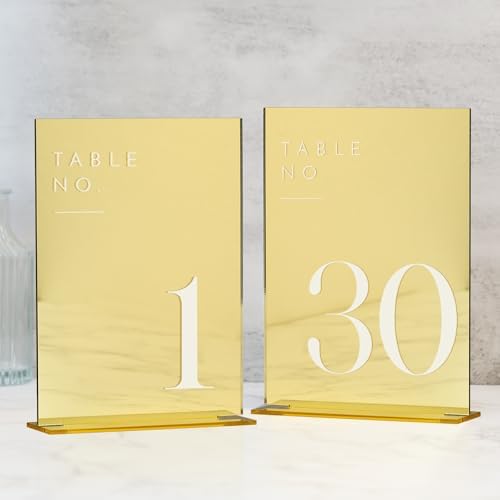 Gold Wedding Table Numbers 1-30 with Stands, 5"x7" Gold Mirror Acrylic Table Numbers, Perfect for Wedding Reception, Party, Anniversary, Event by JINMURY