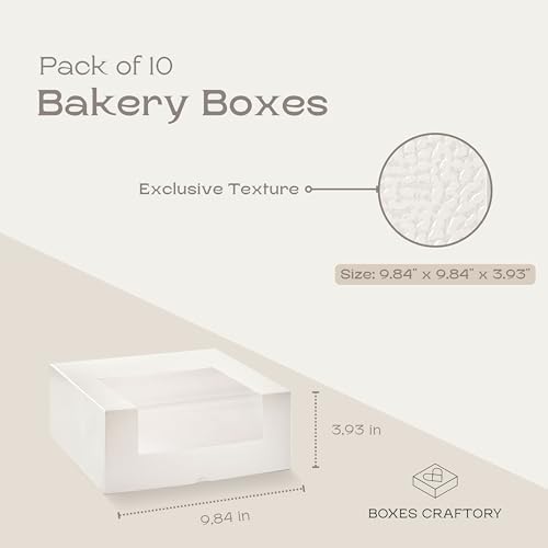Pack of 10 Cake Boxes with Window (9.84" x 9.84" x 3.93") - Ideal for Bakery, Cookie and Donut - White Leather - Image 2