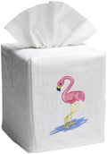 Jacaranda Living Square Tissue Box Cover, Linen/Cotton Tissue Holder, Decorative Cloth Tissue Cover, Fits Standard Square Tissue Boxes, Embroidered Animal Designs, Flamingo (Pink) by JacarandaLiving