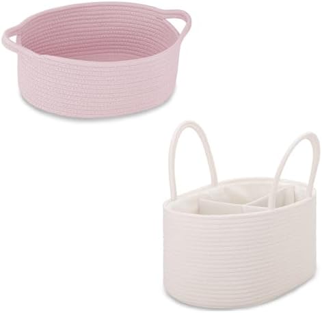 COMSE Small Woven Basket with Gift Bag and Ribbons, Gift Basket Empty, and Large Diaper Caddy Organizer for Girl Boy, Car Diaper Caddy with Handles by COMSE