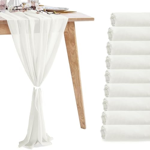 10 Pack 10ft White Chiffon Table Runners Wedding Table Runner Sheer Romantic Tulle Table Runner for Christmas Wedding Bridal Tea Party Baby Shower Birthday Party Table Decorations(120 x 12 in) by VZZNN
