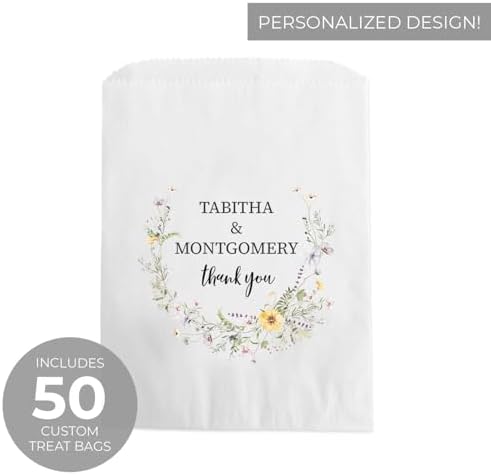 Canopy Street Personalized Wildflower Treat Bags / 50 Custom Event Dessert Bags / 5 3/4" x 8" Floral Cookie Holder Wedding Anniversary Favor/Made In The USA - Image 2