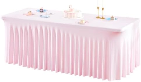 1 Pack Pink Table Clothes for 4 Foot Rectangle Tables, One-Piece Wrinkle Resistant Stretch Spandex Table Covers with Skirt for Event Banquet Wedding Birthday Party by PartyTalk