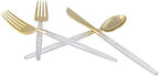Luxe Party 128 Pieces Two Tone Plastic Disposable Cutlery | Forks-Spoons-Knives | Full Size | Chic Round | Clear and Gold - Image 3
