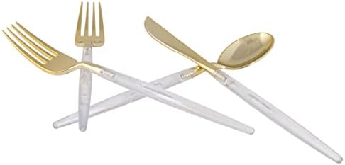 Luxe Party 128 Pieces Two Tone Plastic Disposable Cutlery | Forks-Spoons-Knives | Full Size | Chic Round | Clear and Gold - Image 3